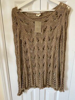 Anthropologie NWT Moth Open-Knit Crochet Lacy Sweater Tan / Gold Italy made S